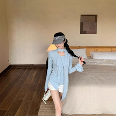 蓝色荷叶边喇叭袖上衣女2025年春季新款飘带打底衫内搭设计感小众