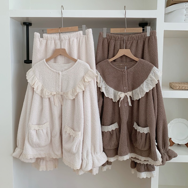 韩系ins少女甜美蕾丝花边家居服冬季新款毛毛保暖睡衣套装可外穿