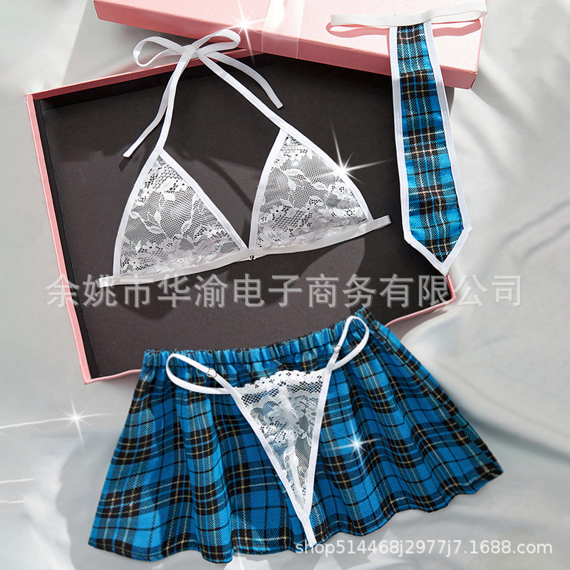 2024 new uniform sexy underwear suit perspective lace bra sexy plaid skirt four-piece sexy underwear