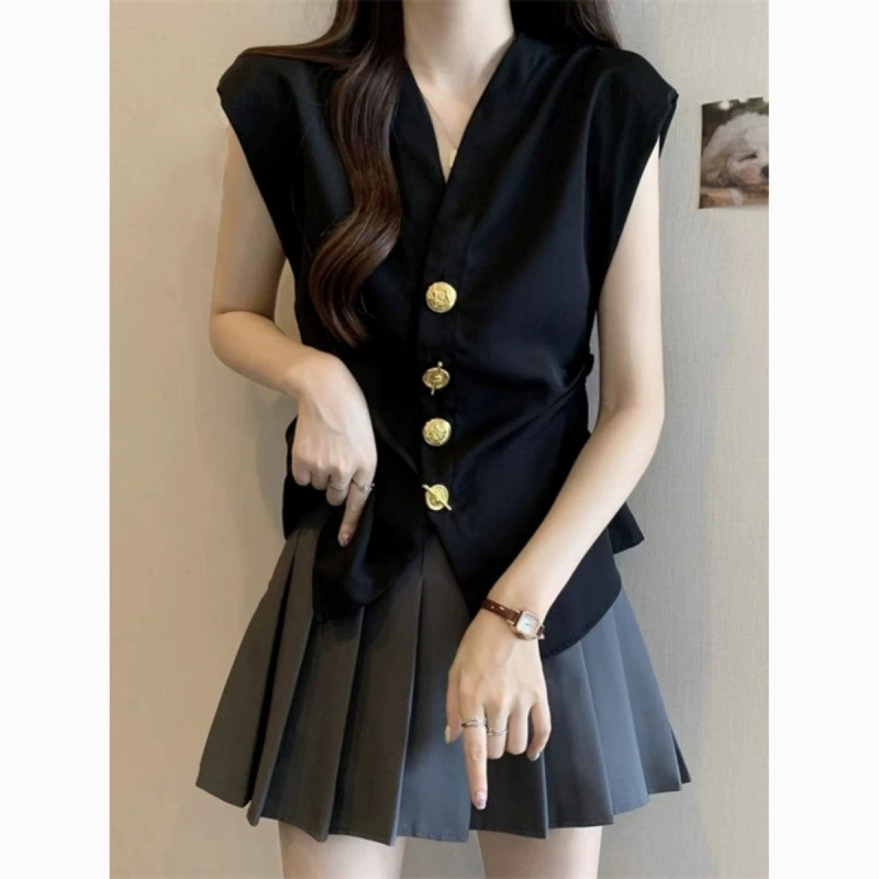 Элегантный жилет-рубашка с воротником на пуговицах, женский летний новый модный корейский стиль, милый топ без рукавов