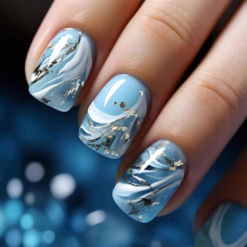 Square-Toed Short Wearable Nails, Blue and White Waves, Fake Nails, Sea Blue Glitter Powder, Smudged Fingernails, Blue and White Gradient Finished Nails