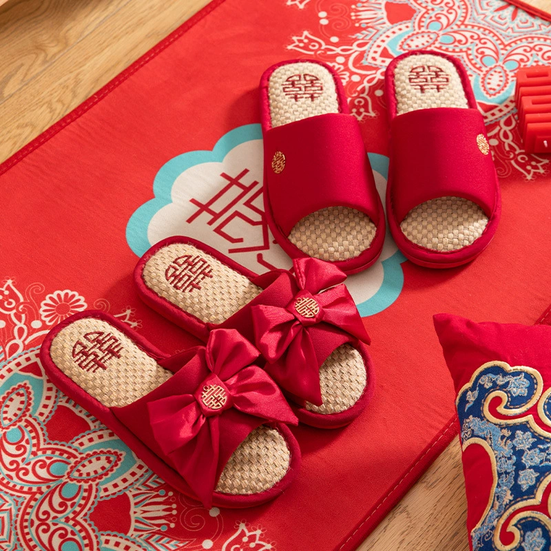 Милые свадебные тапочки, красные праздничные, всесезонные, льняные, для молодоженов, свадебный придан, оптом