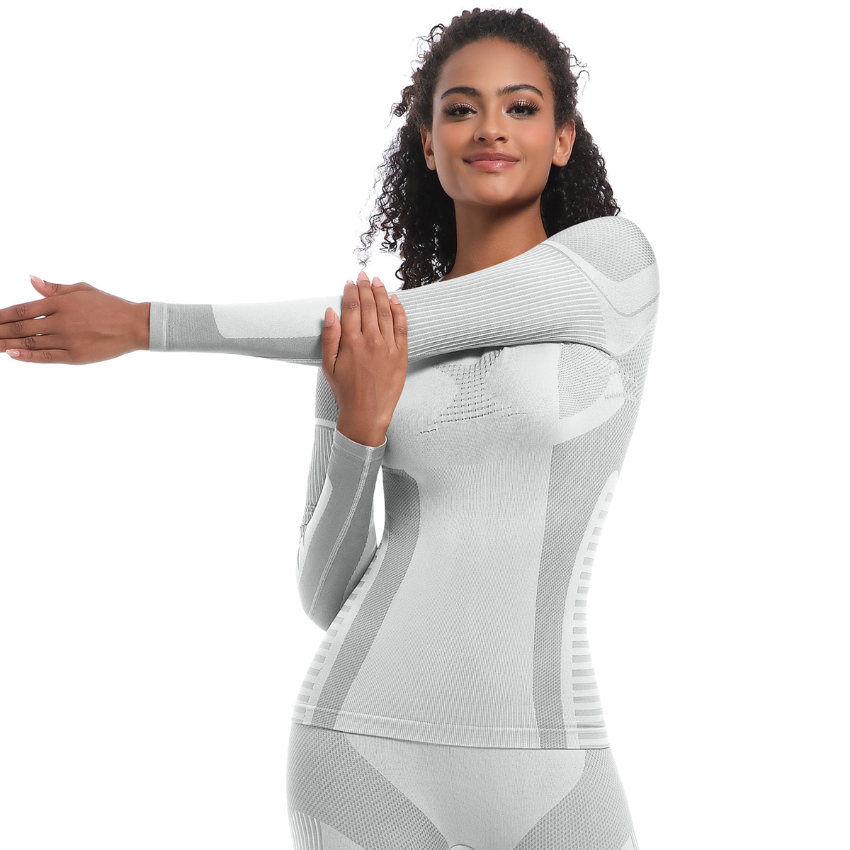 Neu Nahtlose Stricken Engen Hohe Elastische Ski Anzug Langarm Sport Laufen Fitness Yoga Top_voghion.com