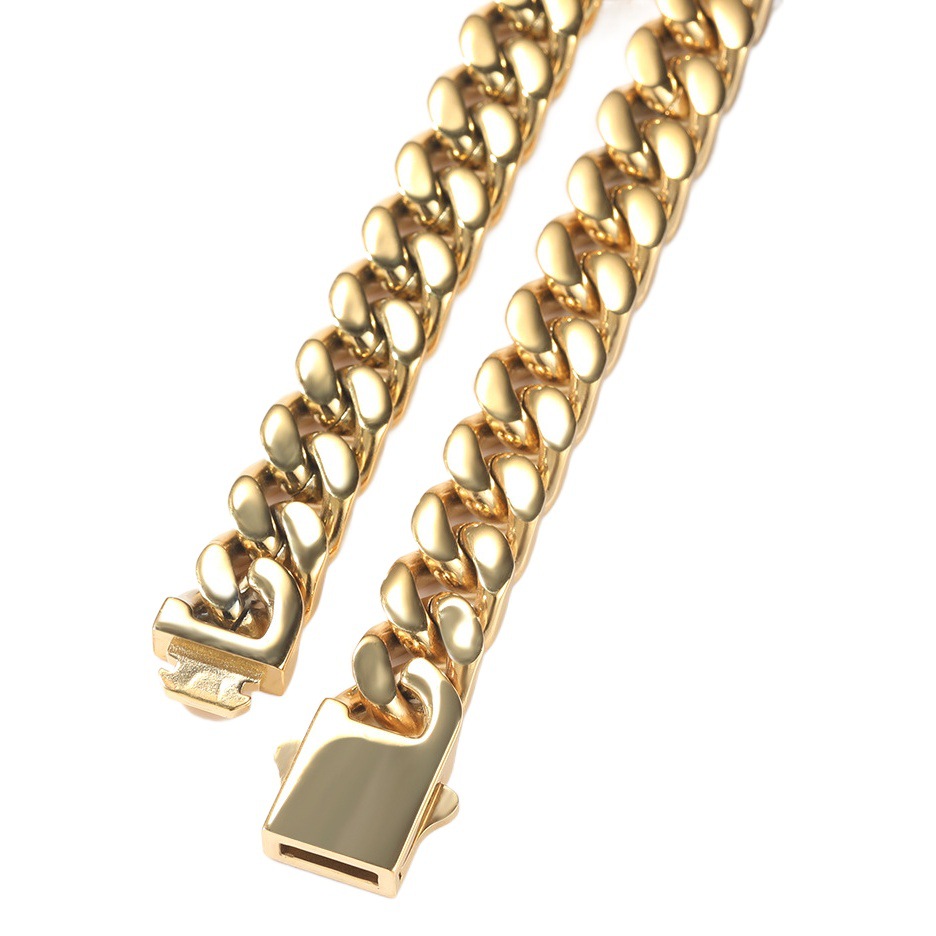 Europeo y americano de acero inoxidable de los hombres collar de hip hop 12mm brillante primavera hebilla de cadena cubana simple cadena del todo-partido al por mayor