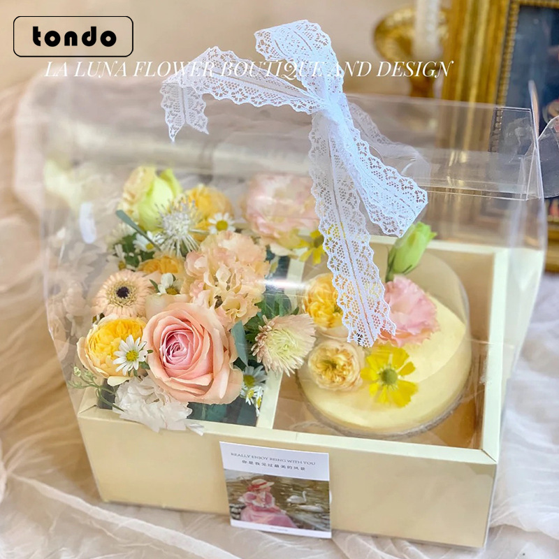 Qixi Valentine's Day Gift: Transparent PVC Handheld Flower & Cake Box – Foldable Design for Baked Goods and Cakes