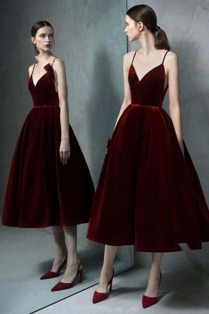 Nueva moda elegante estilo Socialite sin espalda Correa con cuello en V de media longitud vestido de color sólido vestido de banquete de las mujeres