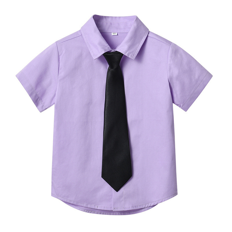 Cárdigan de solapa de manga corta de un solo pecho de verano para niños coreanos, corbata de estilo universitario para niños y niñas, camisa de color caramelo