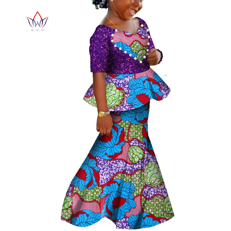 非洲女童印花高腰裙套装棉质亮片童装裙套装一件代发