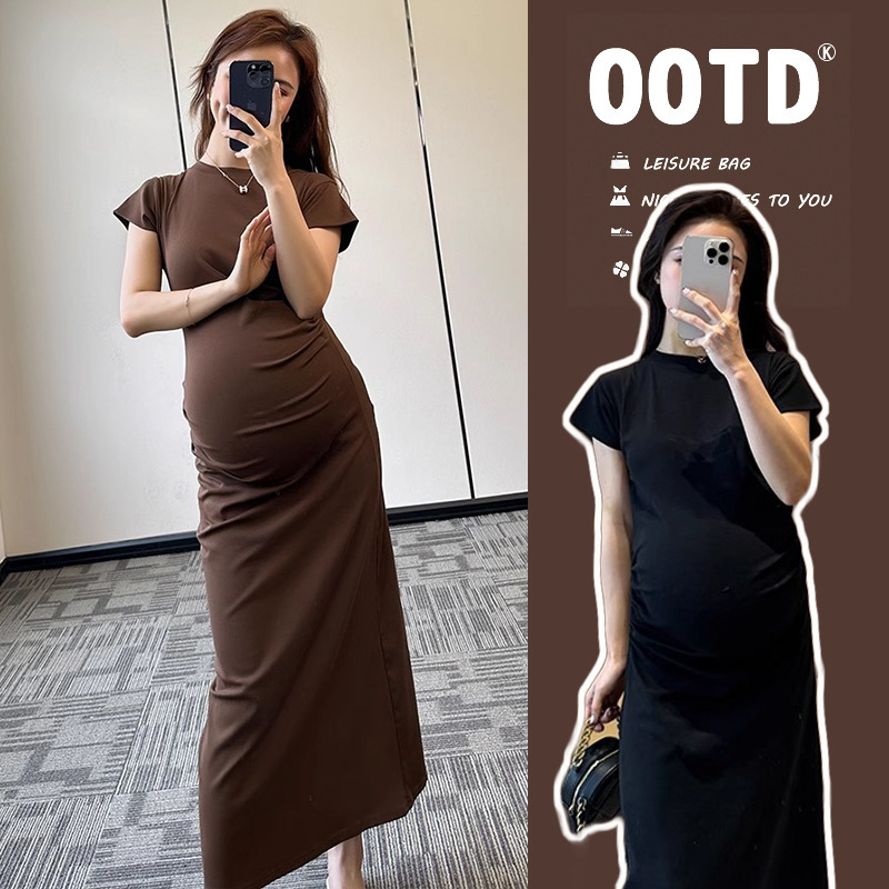 2025 Maternity Summer New Round Neck Short Sleeve Pinch Pleated Elegant Slim Cotton Elastic A- shaped Hot Mom dress