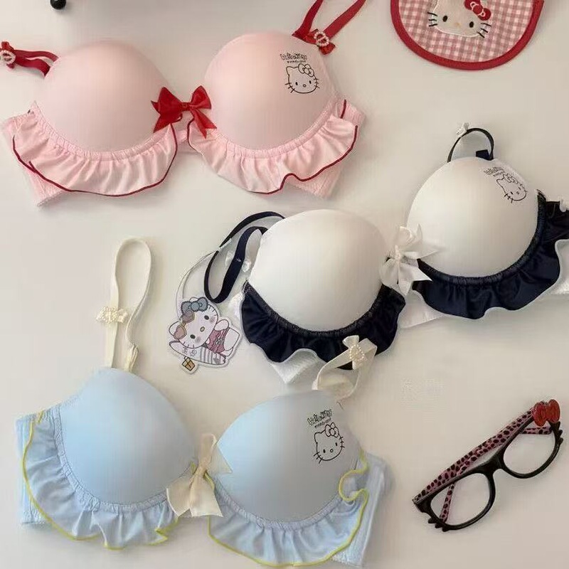 Navy Style Pink Hello Kitty Printed Underwear for Girls with Small Breasts, Sexy and Pure Desire, No Steel Ring Bra Set for Women Navy Style Pink Hello Kitty Printed Underwear for Girls with Small Breasts, Sexy and Pure Desire, No Steel Ring Bra Set for Women