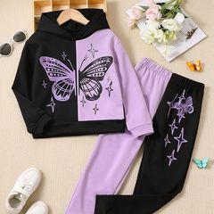 外国貿易の卸売りの女の子のファッション的な長袖の帽子のガードルのスーツのかわいい蝶の春秋の新型のプルオーバーの2つのセット