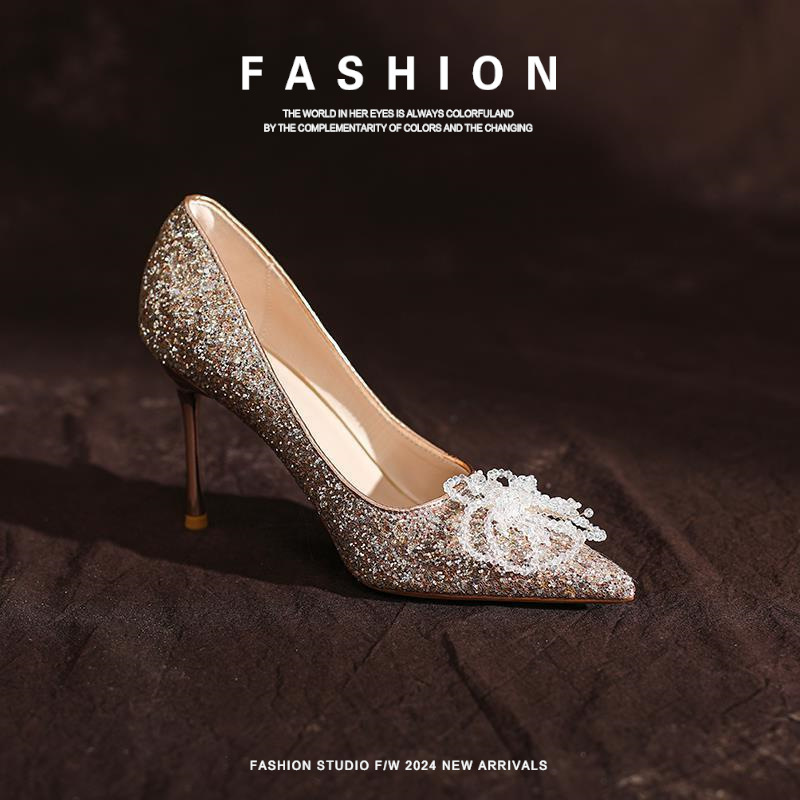 Genuine Leather Rhinestone Bow Sexy Shoes Genuine Leather Stiletto Heels Sequin Wedding Shoes Banquet Pointed Toe Shallow Mouth Bridal Women's Shoes