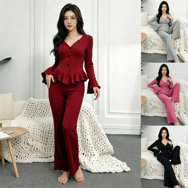 European and American cross-border women's pajamas, fleece ribbed with wavy ruffles, V-neck, long-sleeved, long-pants, women's home wear suitable for outdoor wear European and American cross-border women's pajamas, fleece ribbed with wavy ruffles, V-neck, long-sleeved, long-pants, women's home wear suitable for outdoor wear