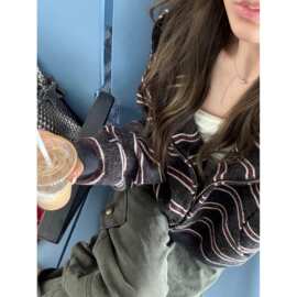 阿秋的店美式复古条纹设计感连帽外套开衫女2025秋季新款拉链卫衣