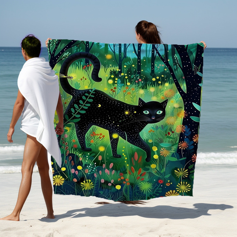 2025 New Forest Little Black Cat Beach Towel Forest Elf Luminous Summer Quick-Drying Water-Absorbent Sunscreen Bath Towel