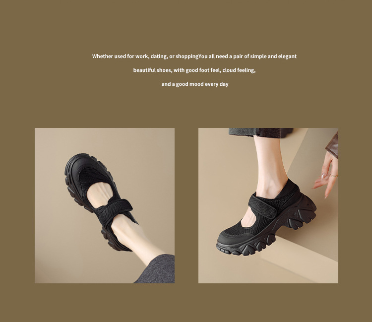 Giày Mary Jane nữ đế dày da thật quai ngang khóa Velcro — Đen + lưới, Đen + vải lụa chi tiết 14