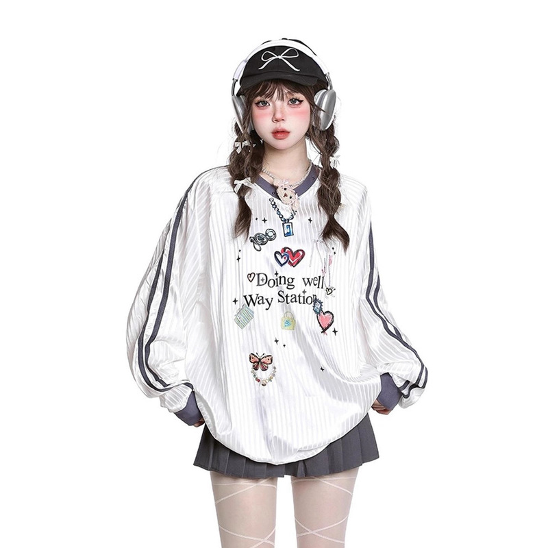 Jersey Style Casual V-Neck T-Shirt Sweatshirt Versatile Mid-Length New Women's Autumn and Winter Loose Blouse Long-Sleeved Cross-Border Wholesale