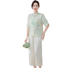 中老年2025妈妈女装新款两件套国风上衣盘扣夏装小衫松紧带甩裤子