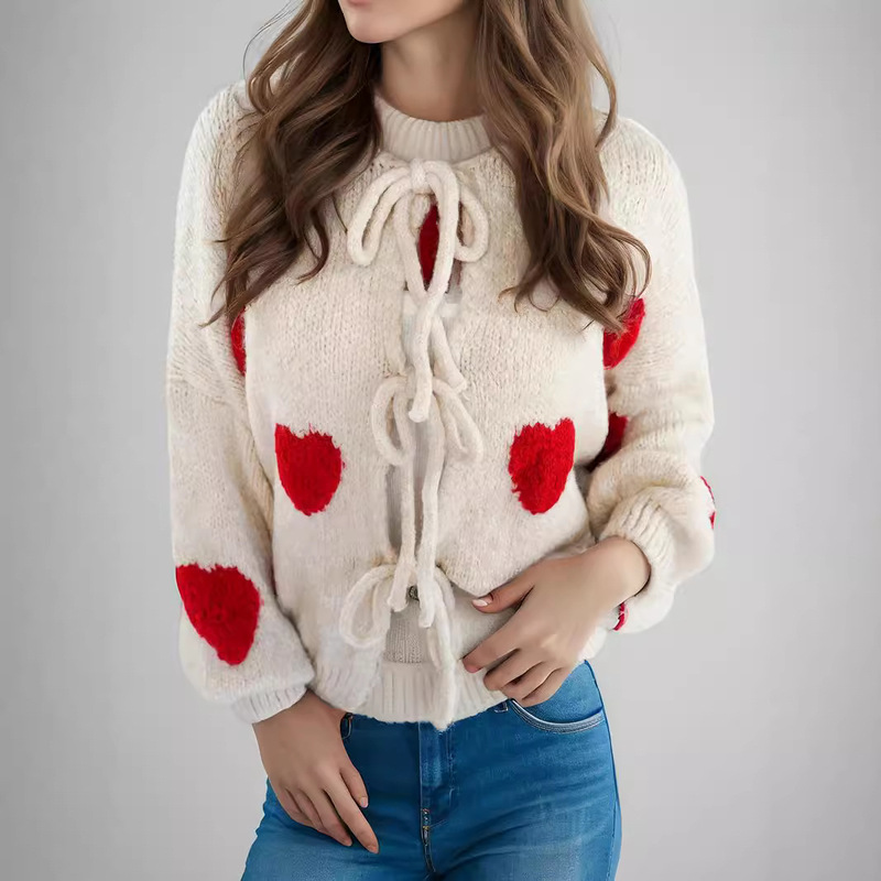 Heart Embroidery Round Neck Autumn and Winter Sweater Strap Cardigan Cross-Border European and American 2025 Popular Tops Sweater Jacket Women
