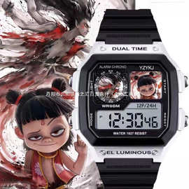 哪吒魔童闹海电影儿童初中生防水带闹钟小方块手表续航一年