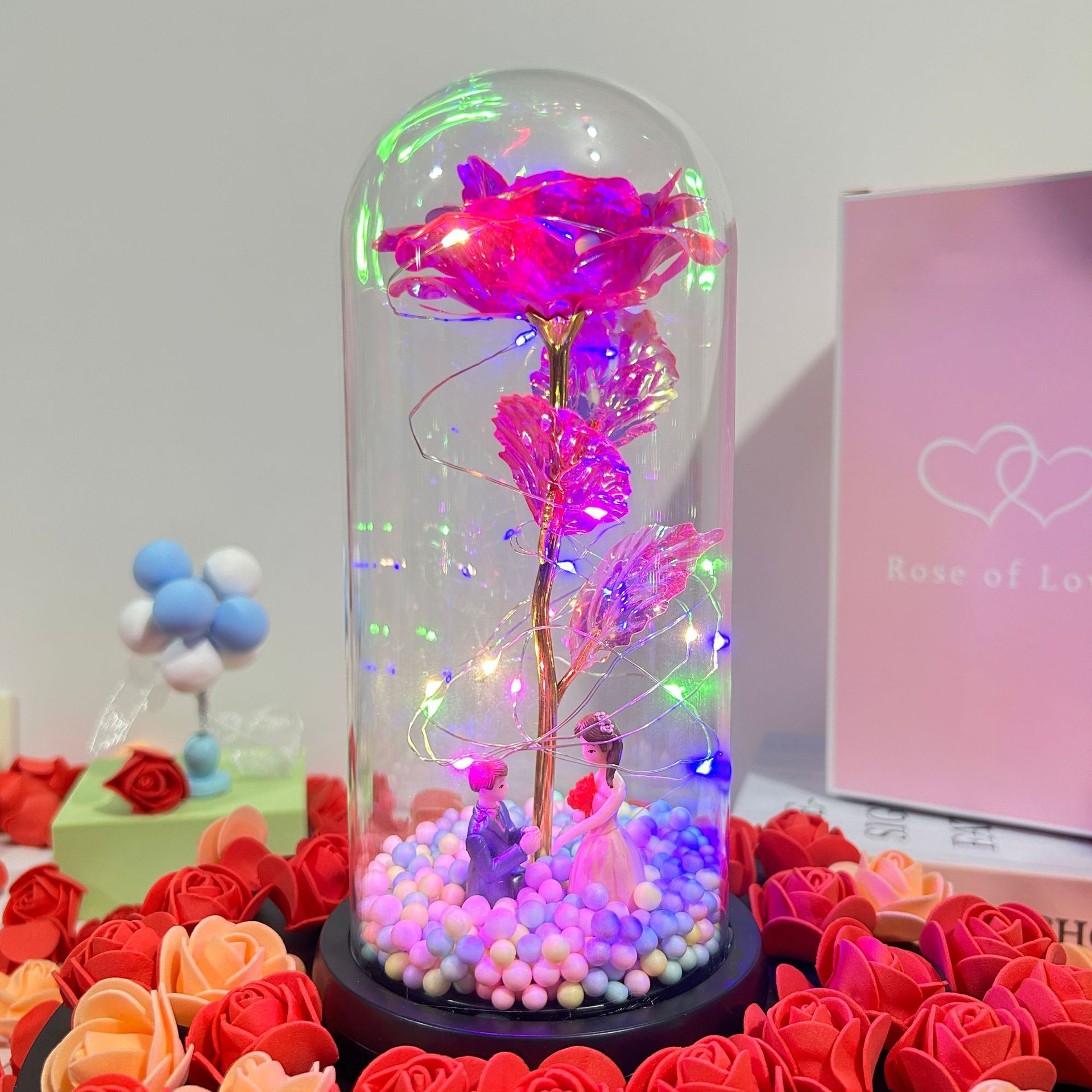 Flor inmortal rosa lámpara de vidrio Qixia Día de San Valentín 520 regalos de flores simuladas adornos de regalo para la madre para la novia