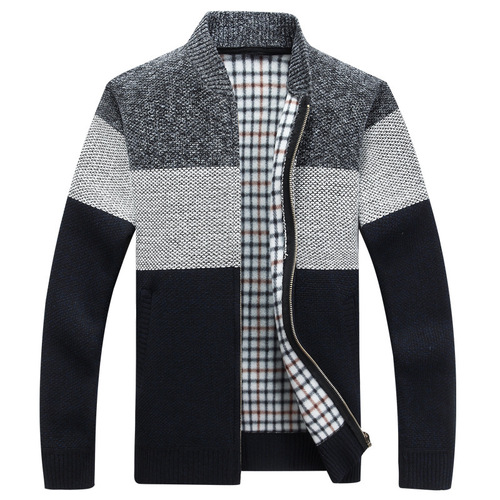 Men's Spring and Autumn Long-Sleeve Stand Collar Striped Padded Thick Open Cardigan Sweater Trendy Thick Casual Knit Shirt
