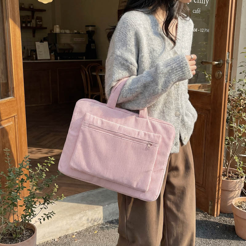 ng2510227 Bolsa feminina de veludo cotelê de 14 polegadas, modelo maleta simples e elegante para uso diário, ideal para notebooks e laptops._voghion.com