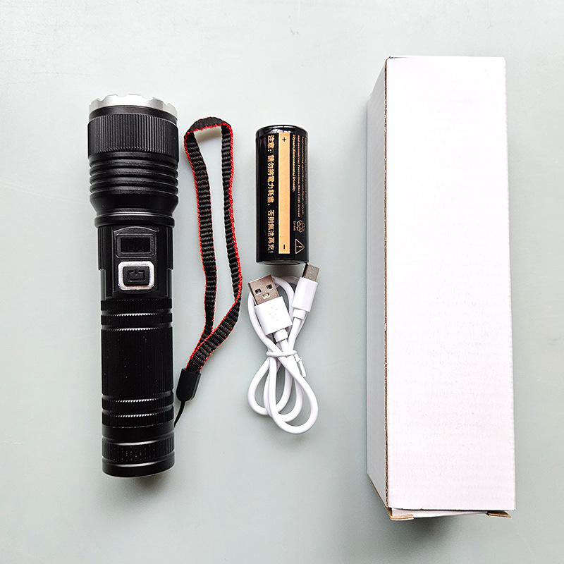 Lintera de luz brillante personalizada al aire libre carga láser blanco telescópico zoom inundación de aleación de aluminio LED pantalla de cinta de lámpara