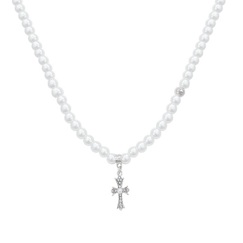 American double-layer ~ Pearl cross hot girl wearing necklaces for women with high-end light luxury niche clavicle chain neckchain trend