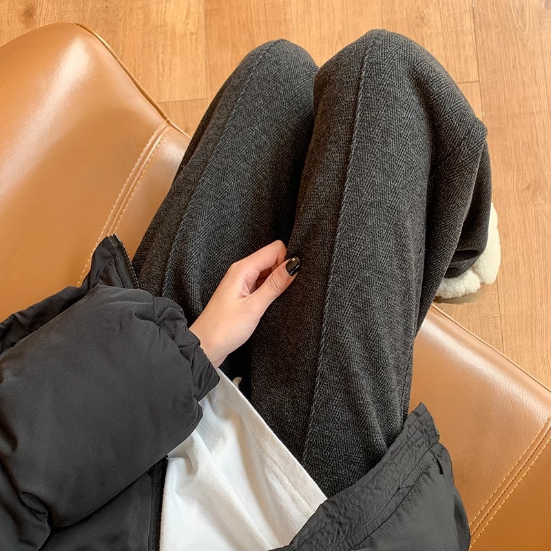 Pantalones de piernas anchas de herringbone para mujeres 2024 primavera y otoño invierno de cintura alta pantalones de lana casuales sensación de caída de tamaño pequeño pantalones recto estrechos