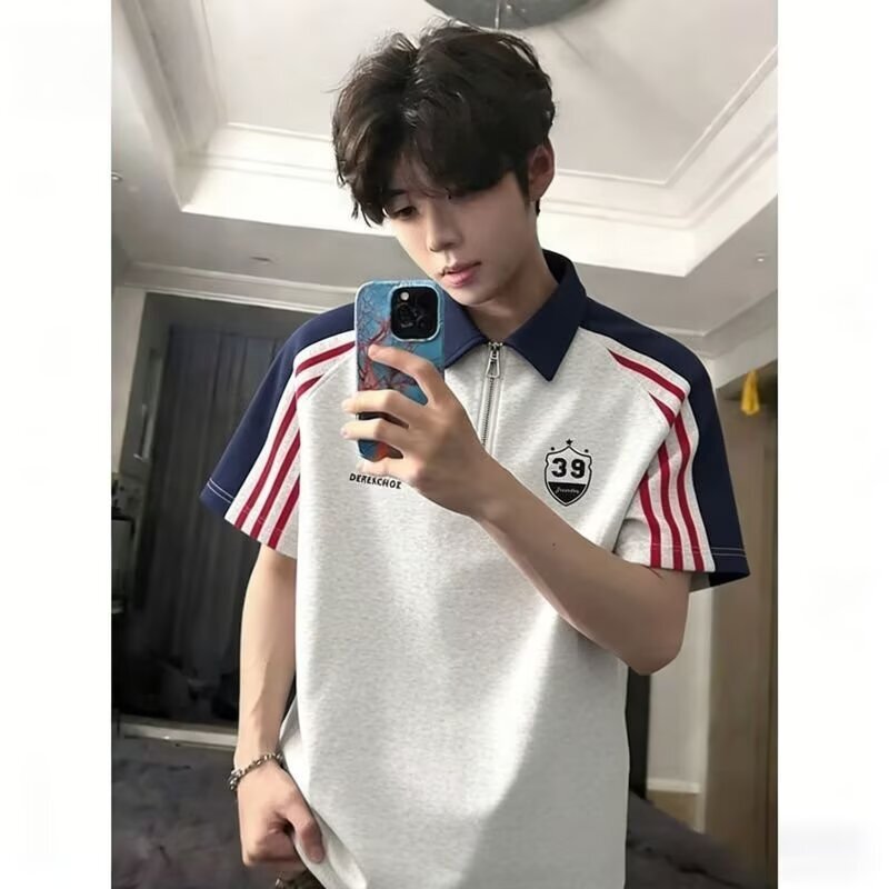 Unlg American Retro Sports Polo Short-Sleeve T-Shirt for Men, Summer Design, Loose Fit, Niche Heavy-Duty Casual Top Unlg American Retro Sports Polo Short-Sleeve T-Shirt for Men, Summer Design, Loose Fit, Niche Heavy-Duty Casual Top