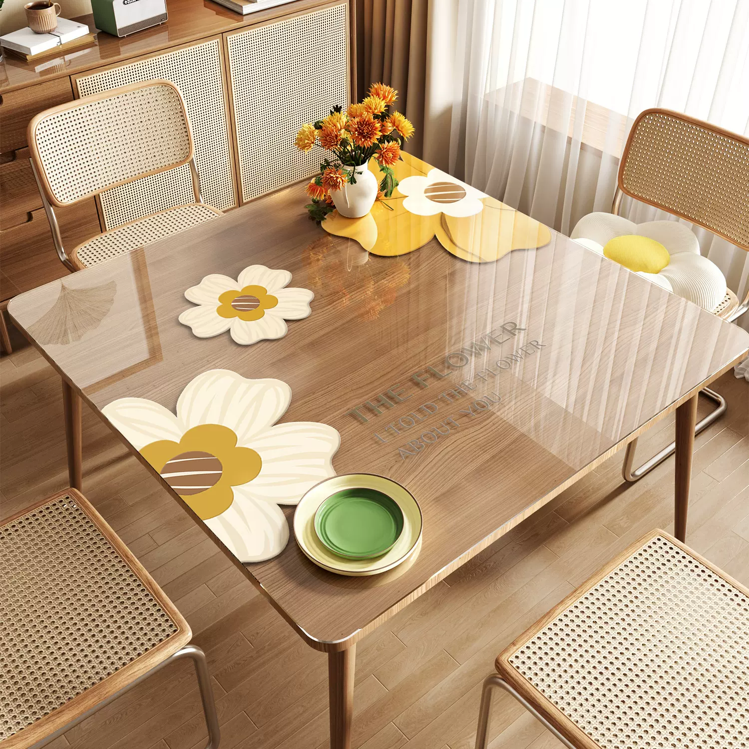 花卉透明桌垫免洗防水防油正方形方桌桌布八仙桌PVC软玻璃桌面垫