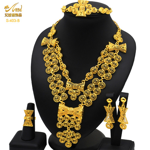 Gold-plated pendant jewelry set: bridal wedding accessories—alloy long necklace, bracelet, ring, and earrings—best-selling cross-border style