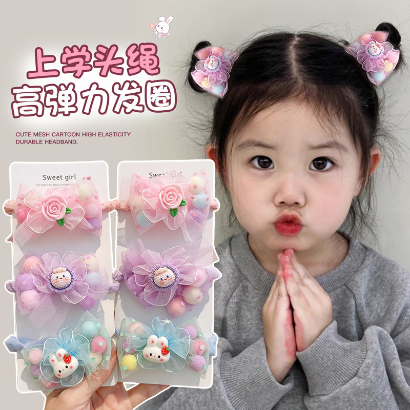 Niñas y niños escolares cuerdas de cabeza de alta elasticidad anillo de cabello lindos dibujos animados de color cuerdas de cabello de cabeza de bola de cola de caballo alta