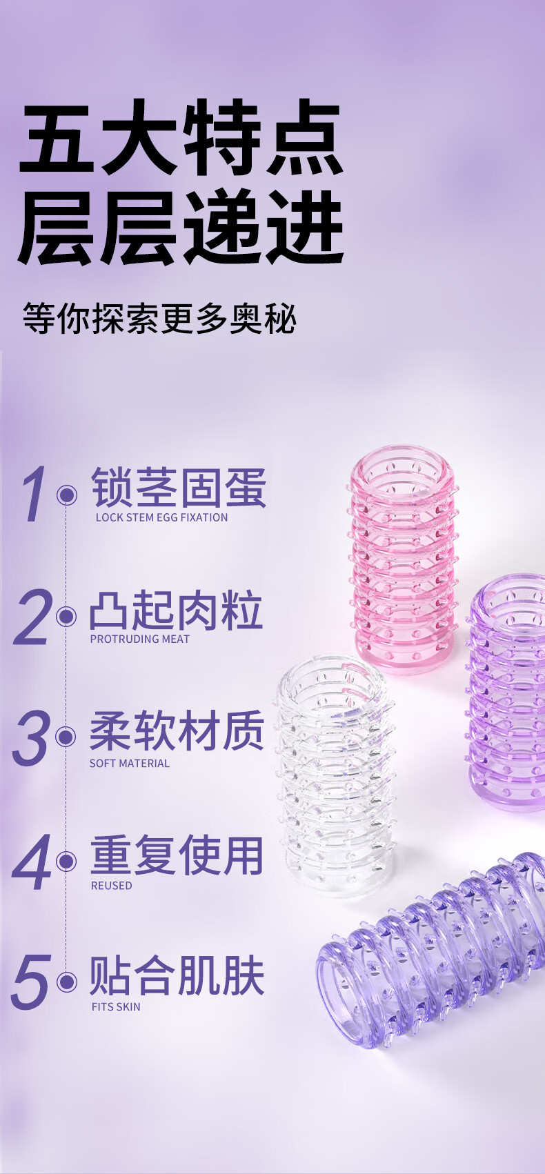 Caterpillar Textured Condom-Style Penis Sleeve with Lock Ring, TPE, Delay Aid — detail image 2