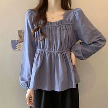 2025新款春秋装新款泡泡袖方领衬衫女宽松显瘦遮肚子藏肉长袖上衣