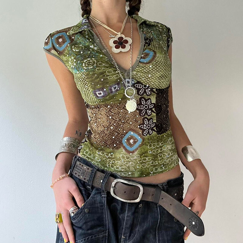 The Wizard of oz Deep Forest Retro Printed Polo Collar Slim Fit Elastic Elegant European and American Style Summer Women's Short-Sleeved Top