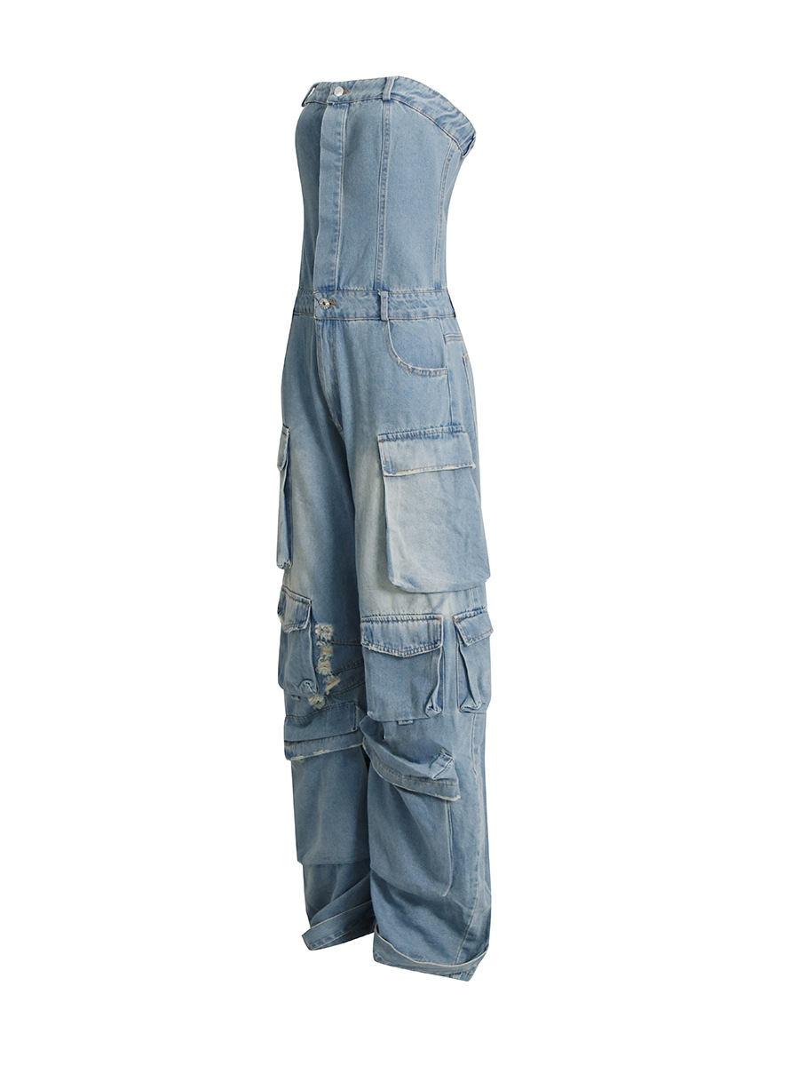 Mono vaquero de mujer estilo europeo y americano, novedad primavera 2026, con múltiples bolsillos, sin tirantes, efecto adelgazante, estilo ropa de trabajo, para mujer, a la moda.