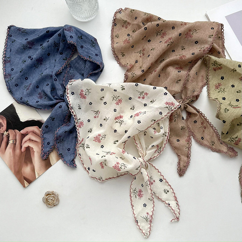 Pastoral viento de flores de encaje triángulo turbante de mujer de verano retrógrado francés de playa bufandas de seda protector solar correa de pelo