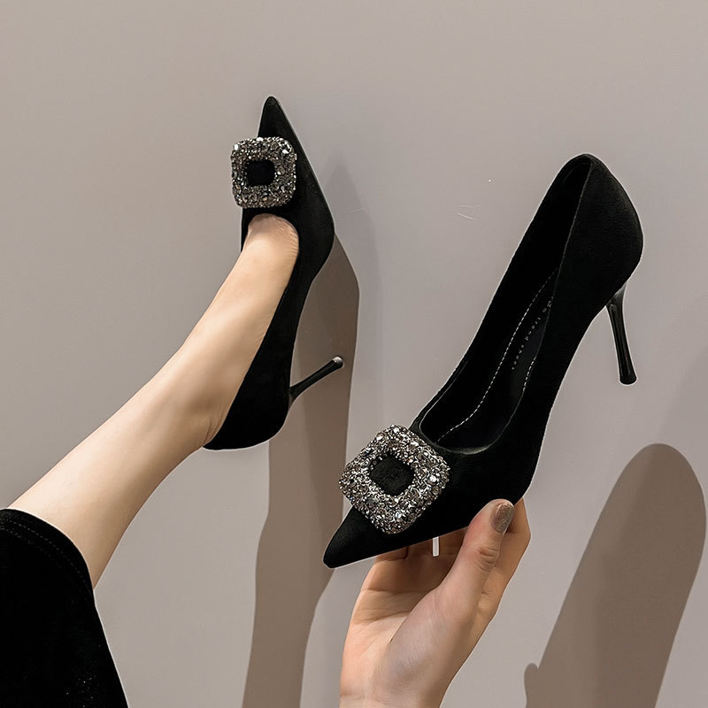 Light Luxury Square Buckle High Heels Women's Stiletto Black Work Shoes Pointed Toe Flats 2024 Spring New Elegant Goddess Style