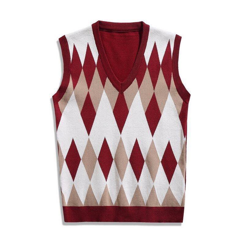 Foreign Trade Amazon Pure Cotton 2025 Winter New Men's Slim Knitwear Rhombus Plaid Youth Slim Knitwear