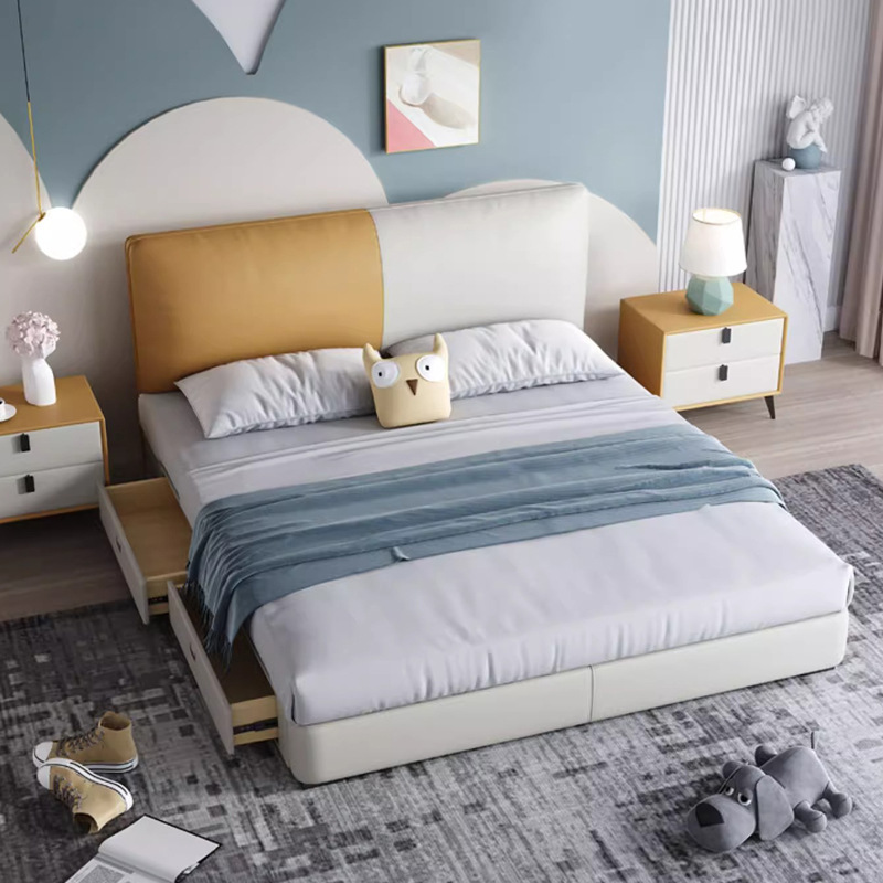 Camas infantiles modernas y simples para adolescentes, niños y niñas, dormitorio individual de 1.35 metros, cajón pequeño, almacenamiento de cama de cuero