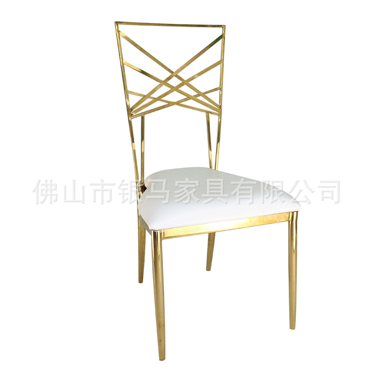 Fábrica al por mayor Hotel banquete boda comedor silla boda galvanoplastia Silla de acero inoxidable Bolsa De Oro suave Silla de comedor de cuero