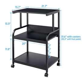 打印机支架,3层桌,带高度可调储物架,滚轮推车带轮多层