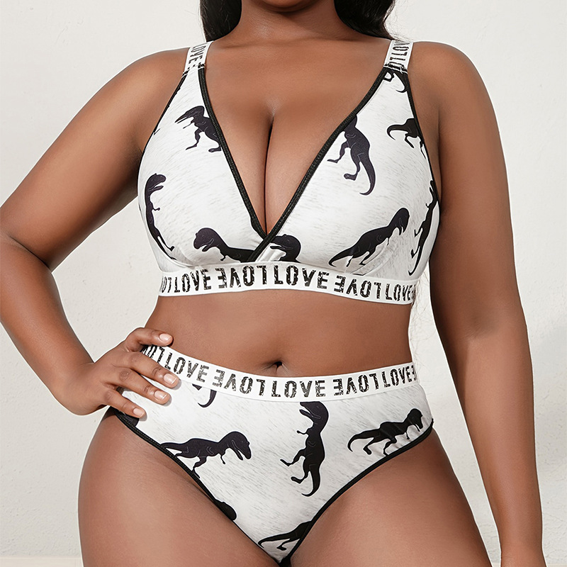 European and American Large Size Sexy Intimates Set Women's Push-Up Sports Intimates Dinosaur Print Elegant Large Size Intimates Set