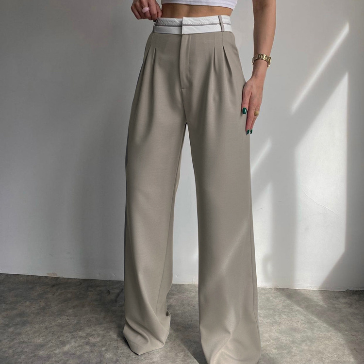 370g Weight Full Length Pants Length Women's Daily Casual Solid Color Full Length Patchwork Belt Dress Pants
