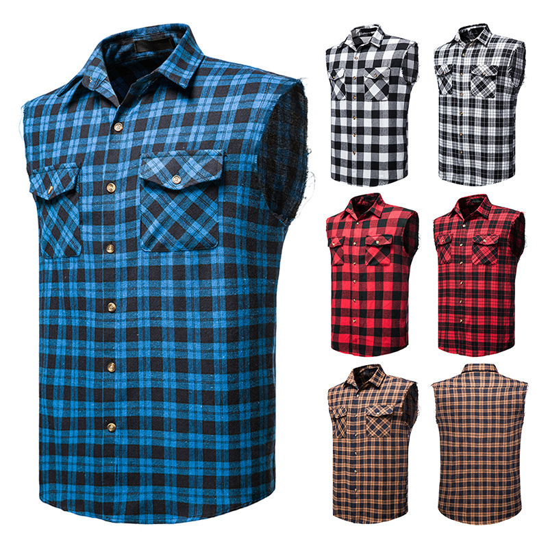 2023 verano nuevo tamaño europeo hombres Camisa sin mangas casual Amazon moda Plaid multicolor camisa grandes productos