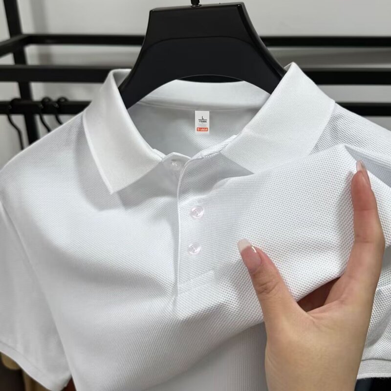 Summer New High-End Pure Color Milk Silk Pique Polo Shirt Men's Slim and Fashionable Thin Short-Sleeved T-Shirt with Collar
