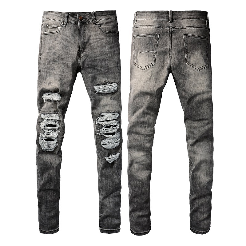 Men's Clothing Non mainstream personality patch jeans for men Handmade DIY knee destroyed gray casual pants for men_voghion.com