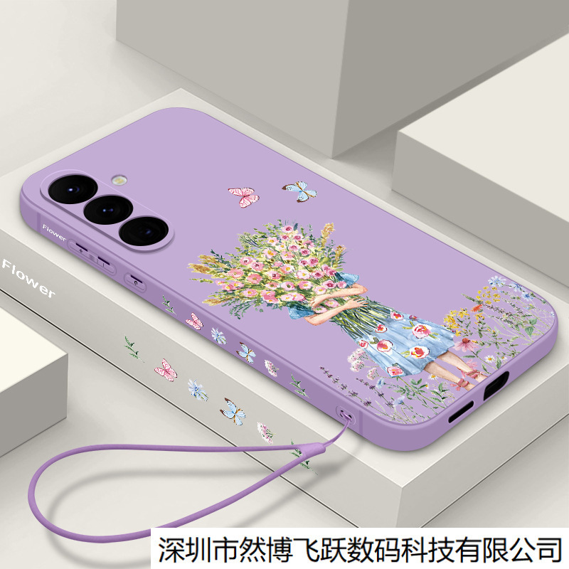Suitable for Samsung S25 Bouquet Girl Mobile Phone Case A15 Side Butterfly Flower S24Fe Painted Tpu with Lanyard